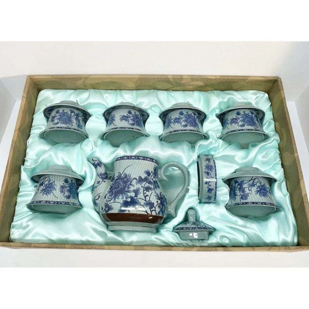 Vintage Bairuxue Art Ceramics Chinese Tea Set Blue Floral on Grey/Green-BOXED